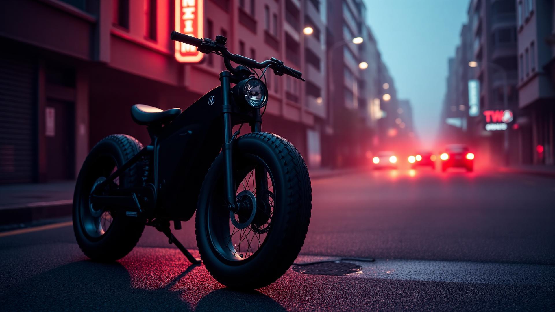 Matte black electric fatbike with lime green rims on wet urban asphalt